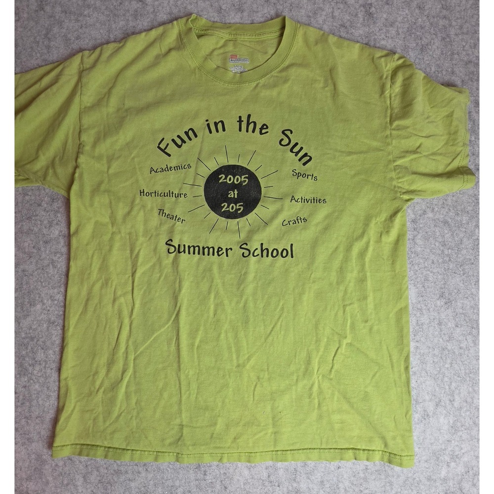Vintage 2005 Hanes Summer School Graphic T-Shirt Lime Green Mens Large Y2K Retro